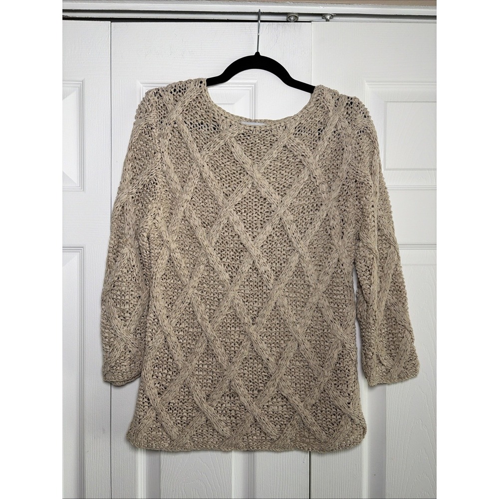 Sorbe Open Knit Cable Sweater Womens Size M Beige Boho Coastal Crochet